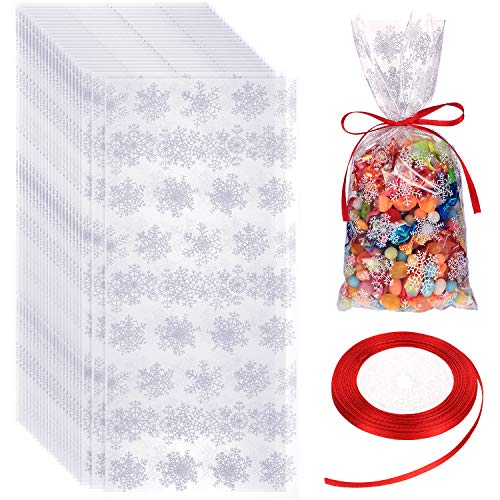 100 Pieces Winter Snowflake Bags Cellophane Holiday Treat Bags Snowflake Cookie Cellophane Bags With Ribbon for Winter Holiday Party Supplies (White Bag with Red Ribbon)