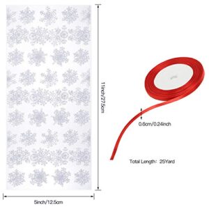 100 Pieces Winter Snowflake Bags Cellophane Holiday Treat Bags Snowflake Cookie Cellophane Bags With Ribbon for Winter Holiday Party Supplies (White Bag with Red Ribbon)