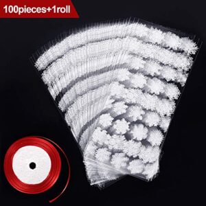 100 Pieces Winter Snowflake Bags Cellophane Holiday Treat Bags Snowflake Cookie Cellophane Bags With Ribbon for Winter Holiday Party Supplies (White Bag with Red Ribbon)