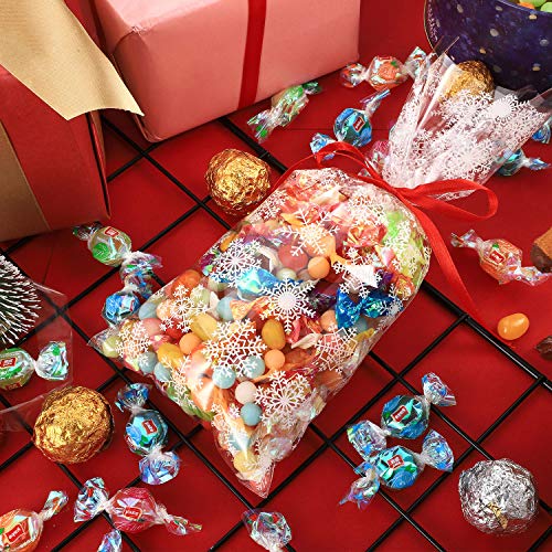 100 Pieces Winter Snowflake Bags Cellophane Holiday Treat Bags Snowflake Cookie Cellophane Bags With Ribbon for Winter Holiday Party Supplies (White Bag with Red Ribbon)