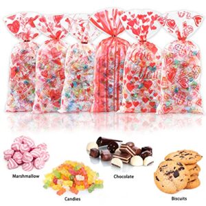 Boerni Valentine Cellophane Plastic Candy Cookie Treat Goodies Gift Heart Bags 120pcs And Gold Twist Ties for Valentine Party Supplies