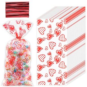 Boerni Valentine Cellophane Plastic Candy Cookie Treat Goodies Gift Heart Bags 120pcs And Gold Twist Ties for Valentine Party Supplies