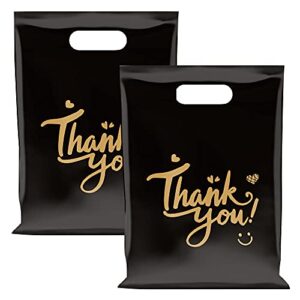 100packs thank you shopping bags for boutique small business die cut handle 12×15 inch glossy bulk retail merchandise bags black gold plastic reusable gift bags for t-shirt packaging goodie bags
