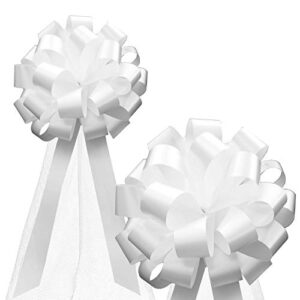 white wedding pull bows with tulle tails – 8″ wide, set of 6, wedding pew bows, mother’s day, reception, christmas, birthday, anniversary, event decoration, valentine’s day