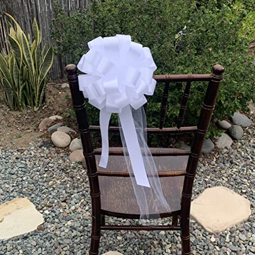 White Wedding Pull Bows with Tulle Tails - 8" Wide, Set of 6, Wedding Pew Bows, Mother's Day, Reception, Christmas, Birthday, Anniversary, Event Decoration, Valentine's Day