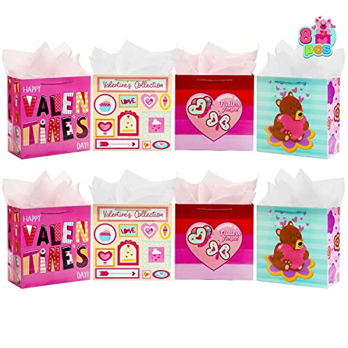 JOYIN 8 Pcs Valentine’s Day Gift Bags with Tissue Paper and Handles,Large Kraft Bags with Pockets for Gift Cards, Goody Bags for Gift Exchange Present Wrapping Party Favor (5X 11.9 X 11.9 inch)
