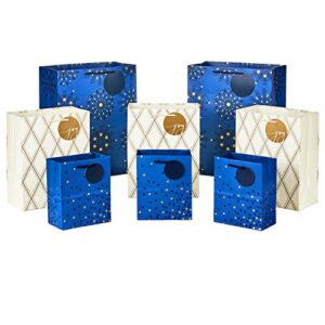 hallmark holiday gift bags assorted sizes (8 : 3 small 6″, 3 medium 9″, 2 large 13″) navy blue and gold dots, diamonds and starry snowflakes for christmas, hanukkah, weddings, graduations and more