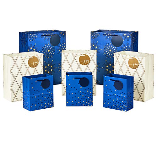 Hallmark Holiday Gift Bags Assorted Sizes (8 : 3 Small 6", 3 Medium 9", 2 Large 13") Navy Blue and Gold Dots, Diamonds and Starry Snowflakes for Christmas, Hanukkah, Weddings, Graduations and More