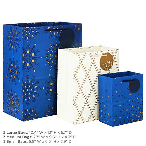 Hallmark Holiday Gift Bags Assorted Sizes (8 : 3 Small 6", 3 Medium 9", 2 Large 13") Navy Blue and Gold Dots, Diamonds and Starry Snowflakes for Christmas, Hanukkah, Weddings, Graduations and More