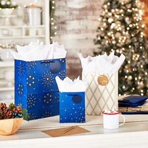 Hallmark Holiday Gift Bags Assorted Sizes (8 : 3 Small 6", 3 Medium 9", 2 Large 13") Navy Blue and Gold Dots, Diamonds and Starry Snowflakes for Christmas, Hanukkah, Weddings, Graduations and More