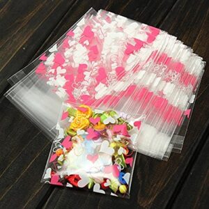 RAYNAG 200 Pcs Resealable Cellophane Bags Self Adhesive Cookie Cello Bags Lovely Heart-shaped Printed Poly Candy Bags for Dessert, Party Treats, Bakery, Candle, Soap, 3.74"x2.75"