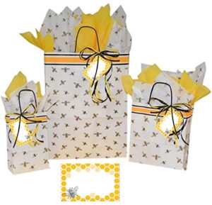 gift bags with match tissue paper tags and raffia ribbon – 3 total assorted sizes (bee)