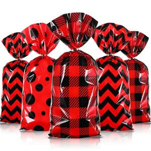 120 pieces christmas cello candy bags buffalo polka dot stripes prints plastic goodie treat favor bags with 200 twist ties for winter holiday birthday baby shower party supplies (red, black)