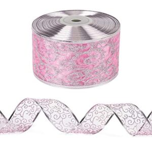 laribbons wired christmas holiday ribbon – lt.pink swirl sheer glitter ribbon – 2.5 inch x 25 yard each roll – silver wired edge