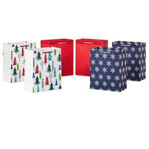 hallmark 9″ medium holiday gift bag bundle (6 bags, 3 designs: red polka dot, colorful christmas trees, navy snowflake) for christmas, birthdays, kids