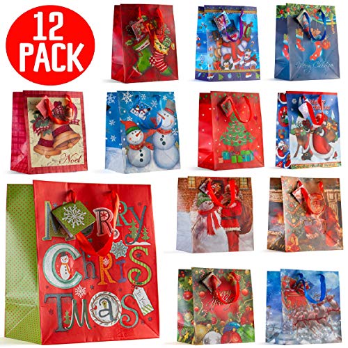 PREXTEX 12 Assorted 13 Inch Christmas Gift Bags: bulk tissue paper bags large size in assorted bright prints christmas bags for gifts party favors