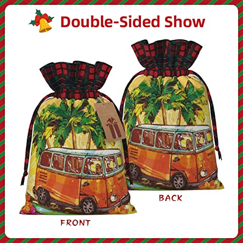 Allgobee Christmas Drawstring Gift Bags Vintage-Bus-Surfboard-Flower Buffalo Plaid Drawstring Bag Party Favors Bags