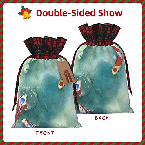 Allgobee Christmas Drawstring Gift Bags Fish-Japanese-Pond-Watercolor Buffalo Plaid Drawstring Bag Party Favors Bags