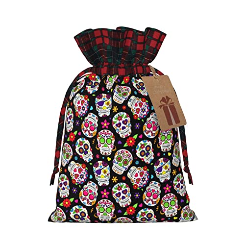 Allgobee Christmas Drawstring Gift Bags Sugar-Skulls-Day-Of-Dead Buffalo Plaid Drawstring Bag Party Favors Bags