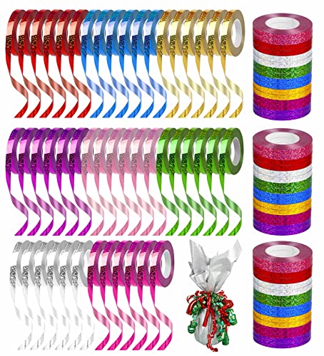 WELTOKE 48 Rolls Curling Ribbon Sparkly Balloon String Roll Gift Wrapping Ribbon for Wrapping, Crafting, Wedding, Party, Festival, Florist Flower(1/5" Wide /8 Laser Colors)