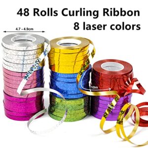 WELTOKE 48 Rolls Curling Ribbon Sparkly Balloon String Roll Gift Wrapping Ribbon for Wrapping, Crafting, Wedding, Party, Festival, Florist Flower(1/5" Wide /8 Laser Colors)