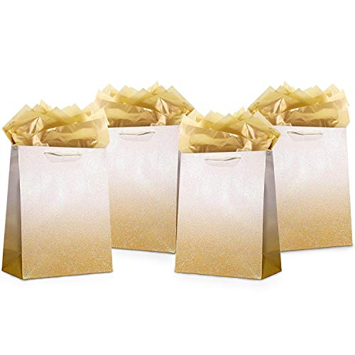 UNIQOOO 12Pcs Ombre Gold Gift Bags with Handle, Large 12.5x10'', Gradient Gold Glitter Paper Gift Wrap Bag, Recyclable Gift Packaging, For Wedding Birthday, Mother's Day, Baby Shower Party Favor Decor