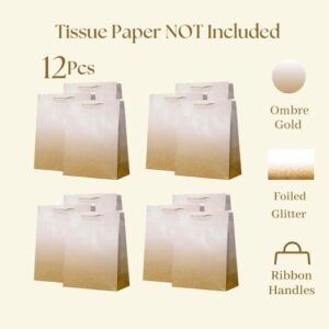 UNIQOOO 12Pcs Ombre Gold Gift Bags with Handle, Large 12.5x10'', Gradient Gold Glitter Paper Gift Wrap Bag, Recyclable Gift Packaging, For Wedding Birthday, Mother's Day, Baby Shower Party Favor Decor