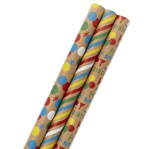 hallmark all occasion wrapping paper with kraft on reverse (3 rolls: 105 sq. ft. ttl.) birthday, rainbow stripes, polka dots for parties, kids crafts, diy decorations, care packages or any occasion