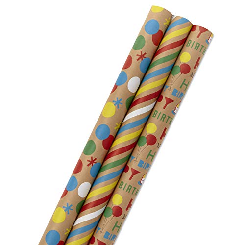 Hallmark All Occasion Wrapping Paper with Kraft on Reverse (3 Rolls: 105 sq. ft. ttl.) Birthday, Rainbow Stripes, Polka Dots for Parties, Kids Crafts, DIY Decorations, Care Packages or Any Occasion