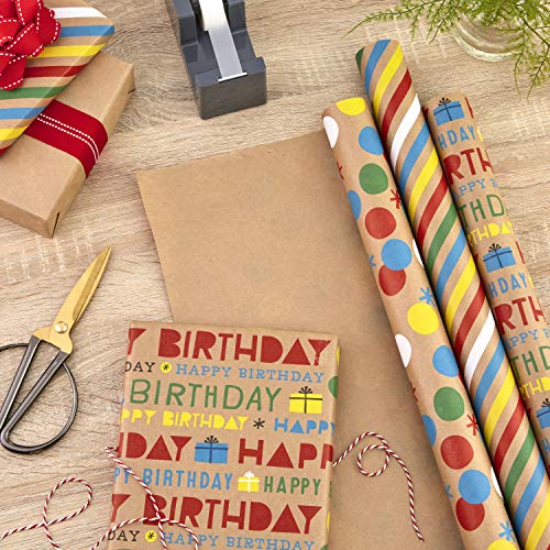 Hallmark All Occasion Wrapping Paper with Kraft on Reverse (3 Rolls: 105 sq. ft. ttl.) Birthday, Rainbow Stripes, Polka Dots for Parties, Kids Crafts, DIY Decorations, Care Packages or Any Occasion