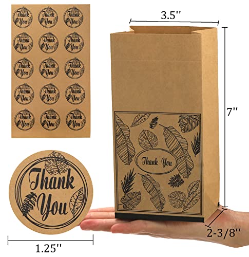 Yesland 200 Pcs Mini Brown Paper Bags, 3.5 x 2.25 x 7 Inch Thicken Paper Snack Bag Small Kraft Paper Treat Bags, Thank You Paper Cookie Sandwich Bags Bulk for Party Favor, 80 Bags and 120 Stickers