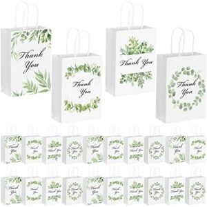 24 pcs eucalyptus thank you bags kraft thank you gift bags with handles wedding favor bags bridal baby shower bag thank you paper bags for birthday party boutique business shopping, 5.9 x 3.1 x 8.3”