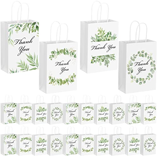 24 Pcs Eucalyptus Thank You Bags Kraft Thank You Gift Bags with Handles Wedding Favor Bags Bridal Baby Shower Bag Thank You Paper Bags for Birthday Party Boutique Business Shopping, 5.9 x 3.1 x 8.3''