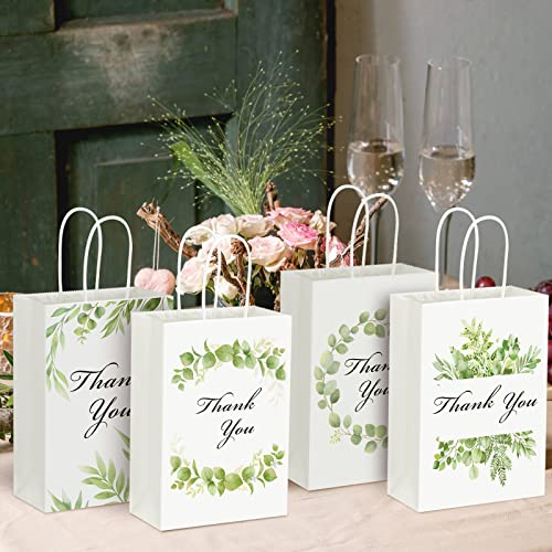 24 Pcs Eucalyptus Thank You Bags Kraft Thank You Gift Bags with Handles Wedding Favor Bags Bridal Baby Shower Bag Thank You Paper Bags for Birthday Party Boutique Business Shopping, 5.9 x 3.1 x 8.3''