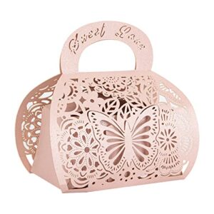 25pcs pink laser cut favor boxes, small butterfly wedding boxes with handle, party favor boxes small gift boxes candy boxes for birthday parties, baby shower, bridal showers, anniversary (3.5″x2″x3″)