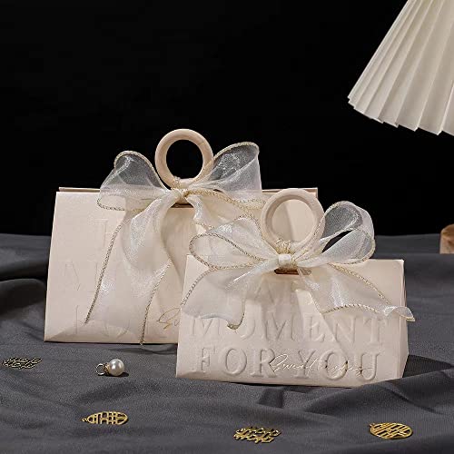 Wedding Candy Boxes, Beige Wedding Favor Boxes Chocolate Treat Gift Boxes,with Wooden Beads and Ribbon,for Wedding Bridal Shower Baptism Baby Shower Birthday Party Decoration Supplies… (20pcs, L)