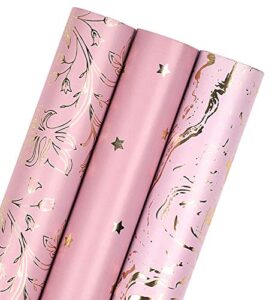 wrapaholic wrapping paper roll – pink marble/floral/star set, perfect for birthday, holiday, mother’s day, wedding, valentine’s day, graduation baby shower – 3 rolls – 30 inch x 120 inch