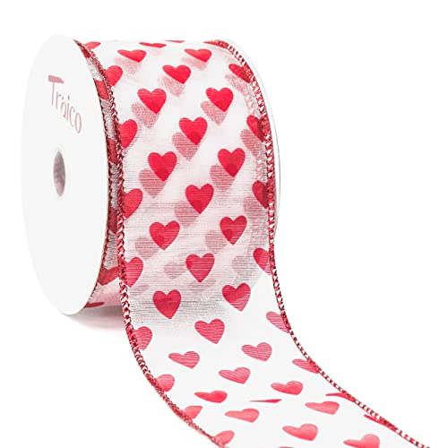 Traico Organza with Red Glitter Heart Wired Ribbon for Home Decor, Gift Wrapping, DIY Crafts, 2.5" x 10 Yards x 1 Roll