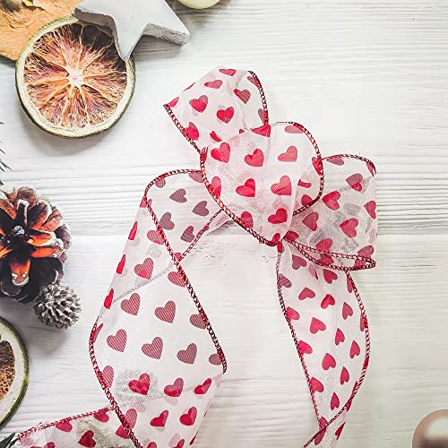 Traico Organza with Red Glitter Heart Wired Ribbon for Home Decor, Gift Wrapping, DIY Crafts, 2.5" x 10 Yards x 1 Roll