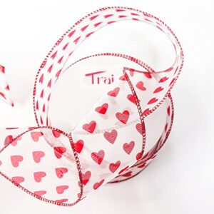 Traico Organza with Red Glitter Heart Wired Ribbon for Home Decor, Gift Wrapping, DIY Crafts, 2.5" x 10 Yards x 1 Roll