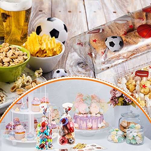 Outus 100 Pieces Sport Treat Bags Football Candy Bags Soccer Baseball Basketball Party Treat Goodie Bags Cellophane Bags with 100 Pieces Gold Twist Ties for Sport Theme Party Favors