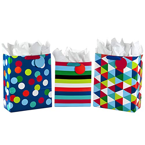 Hallmark 13" Large and 15" Extra Large Gift Bags Assortment with Tissue Paper (Pack of 3: Celebrate, Rainbow Stripes, Polka Dots) for Christmas, Birthdays, Father's Day, Graduations or Any Occasion