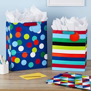 Hallmark 13" Large and 15" Extra Large Gift Bags Assortment with Tissue Paper (Pack of 3: Celebrate, Rainbow Stripes, Polka Dots) for Christmas, Birthdays, Father's Day, Graduations or Any Occasion