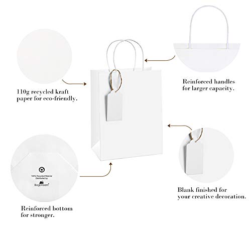 BagDream Kraft Paper Gift Bags with Handles Bulk 50 Pcs 8x4.25x10.5 Inches White Paper Bags with Gift Tags Kraft Bags Retail Bags Heavy Duty Gift Bags