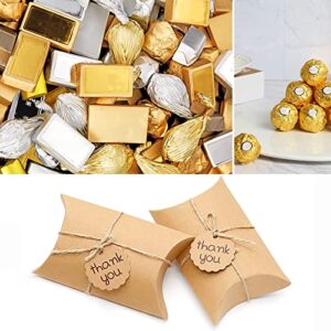 saihisday 50pcs kraft pillow boxes, 5.2×3.5×1.6 inches candy favor paper box, brown gift box with tag for candy chocolate bakery birthday graduation wedding party (“thank you” text tag)