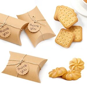 Saihisday 50PCS Kraft Pillow Boxes, 5.2x3.5x1.6 Inches Candy Favor Paper Box, Brown Gift Box with Tag for Candy Chocolate Bakery Birthday Graduation Wedding Party ("Thank you" Text Tag)