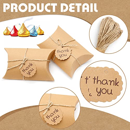 Saihisday 50PCS Kraft Pillow Boxes, 5.2x3.5x1.6 Inches Candy Favor Paper Box, Brown Gift Box with Tag for Candy Chocolate Bakery Birthday Graduation Wedding Party ("Thank you" Text Tag)