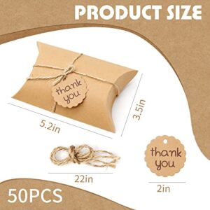 Saihisday 50PCS Kraft Pillow Boxes, 5.2x3.5x1.6 Inches Candy Favor Paper Box, Brown Gift Box with Tag for Candy Chocolate Bakery Birthday Graduation Wedding Party ("Thank you" Text Tag)