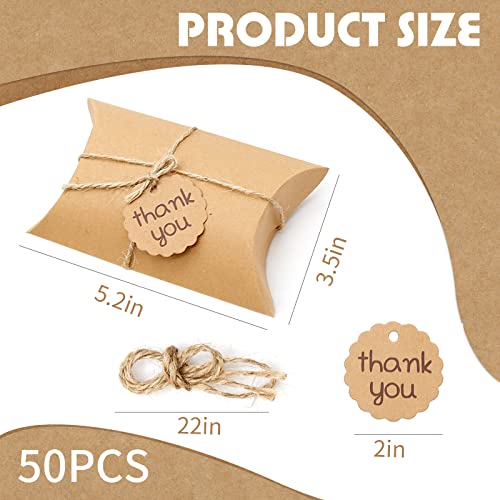 Saihisday 50PCS Kraft Pillow Boxes, 5.2x3.5x1.6 Inches Candy Favor Paper Box, Brown Gift Box with Tag for Candy Chocolate Bakery Birthday Graduation Wedding Party ("Thank you" Text Tag)