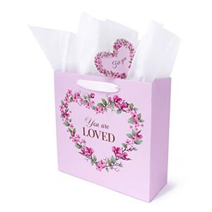 gift bag set you are loved, medium 9.4″ gift bag with tissue paper, romantic card, and ribbon handles (pink, floral heart, love), valentine’s day, mothers day